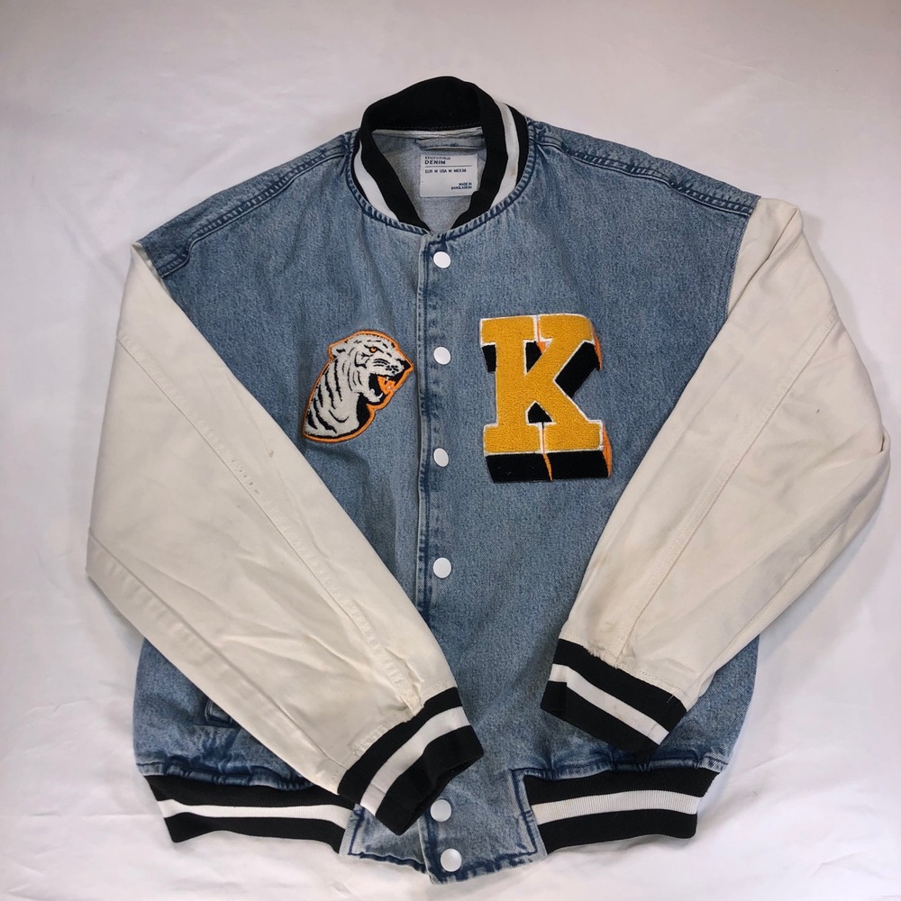 Bershka Denim Varsity Jacket Mens Medium Blue Tiger K Patch Letterman Bomber